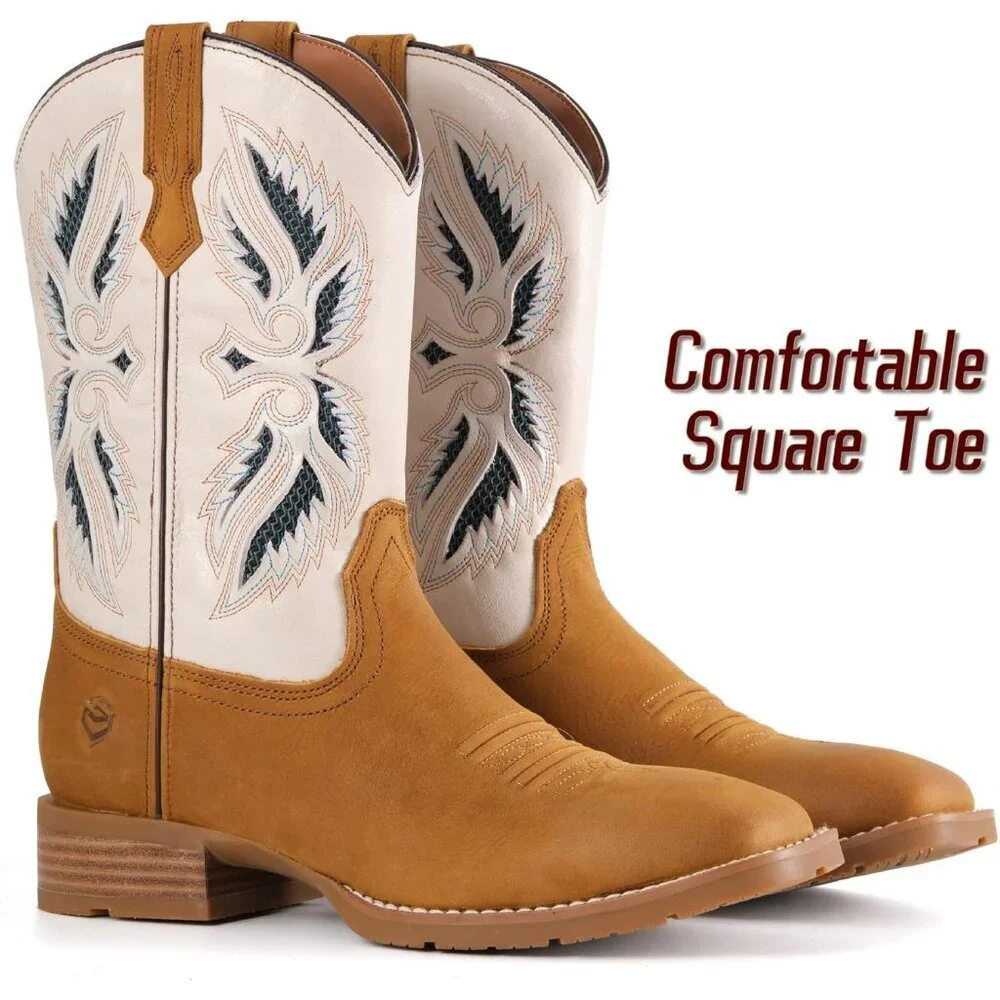 Men’s Tan White Square Toe Leather Boots Durable 10-inch Pull-on Wellington Boot